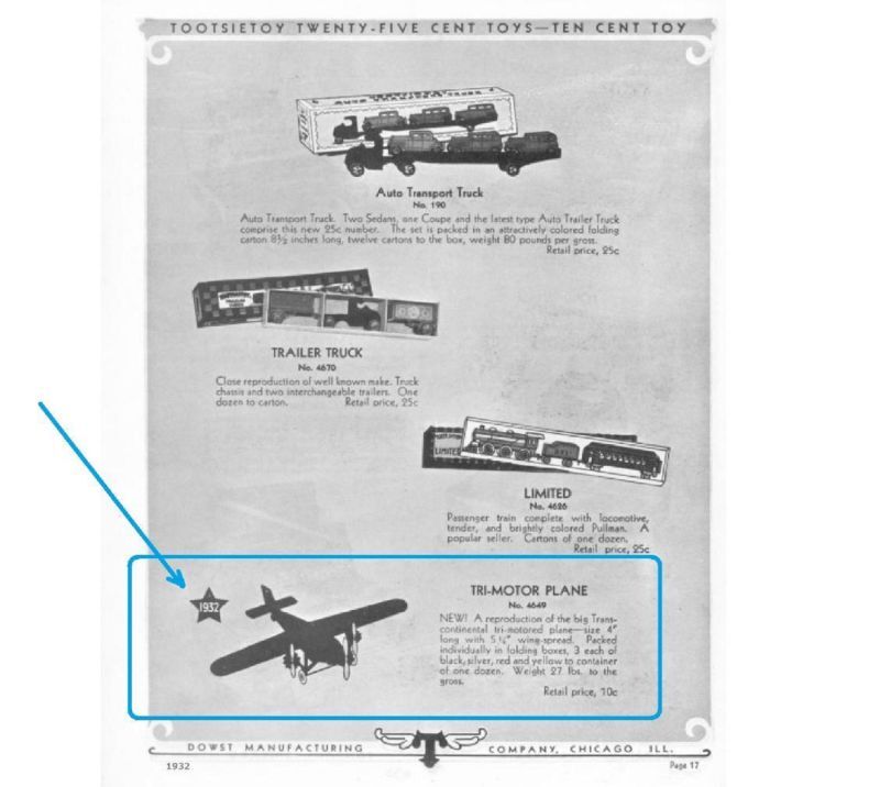 画像: アメリカ ・TOOTSIETOY  フォード トリイ モーター　1928年式３発プロペラ機・1931年アメリカ製・当時物